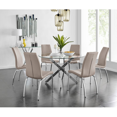 Tierra Sleek Metal and Glass Round Dining Table Set with 6 Faux Leather Upholstered Dining Chairs