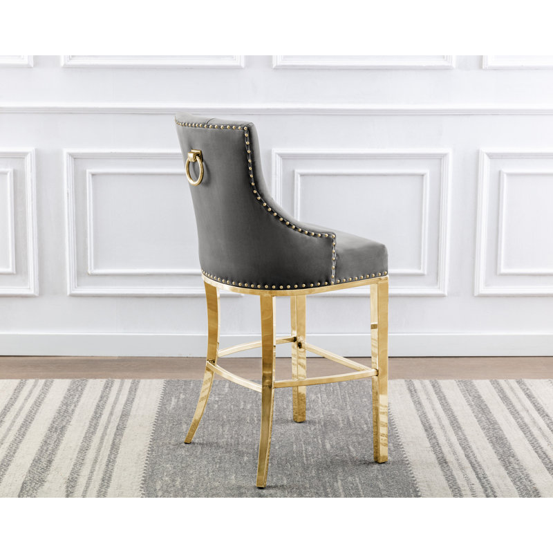 Kairin Upholstered Counter Stool, Dark Gray Velvet / Gold, Counterstool (40" Seat Height)