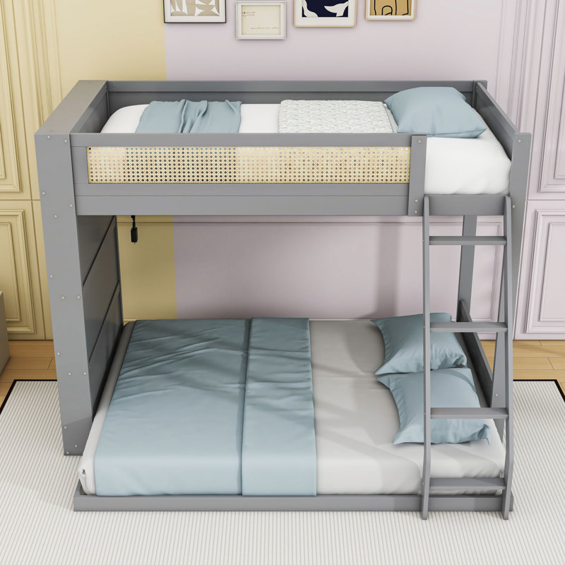 Twin over Full Wooden Bunk Bed with Light Strip and Storage Shelves, Gray
