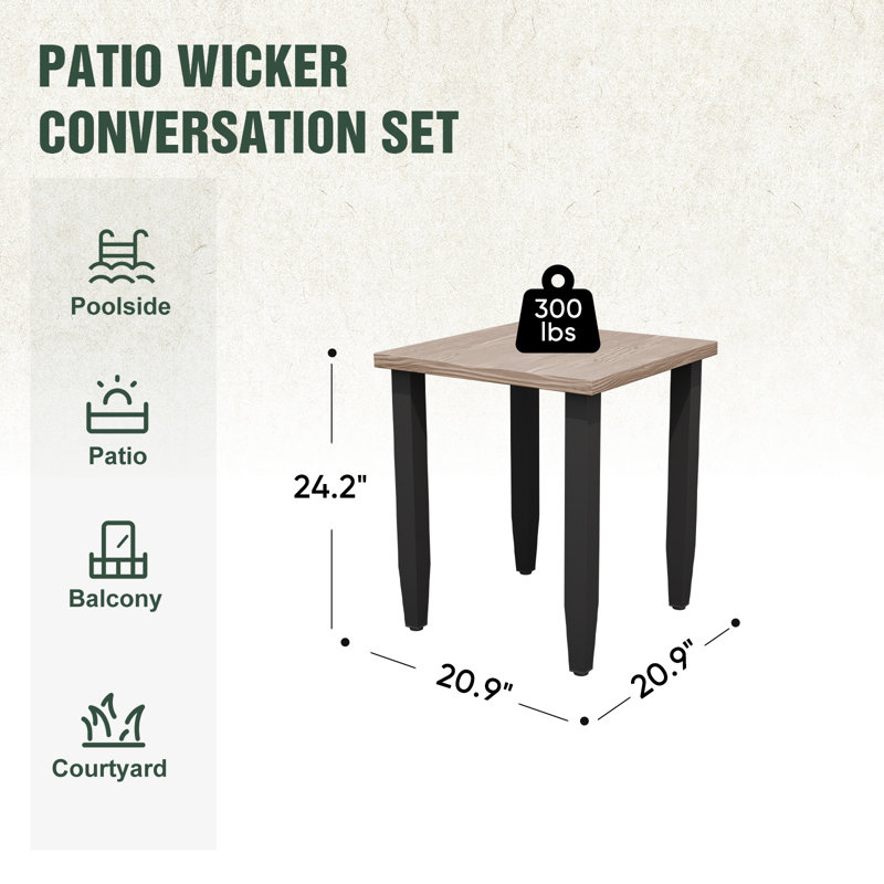 Table basse d'extérieur carrée en métal pour patio avec plateau en grain de bois