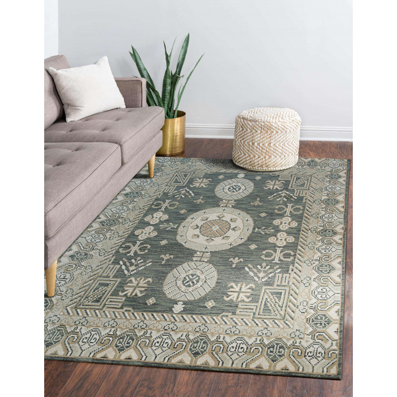 Tapis oriental vert en laine noué à la main Rhea, Rectangle 6 pi x 9 pi