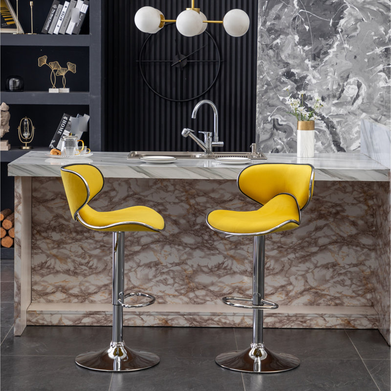 Yellow Velvet Upholstered Swivel , 2 - Robust Metal Base With Rotation And Foot Rest Air Lift Adjustable Seat Height Fine Foam Soft 2 Chromed 360° Footrest Air-lift Upholstery