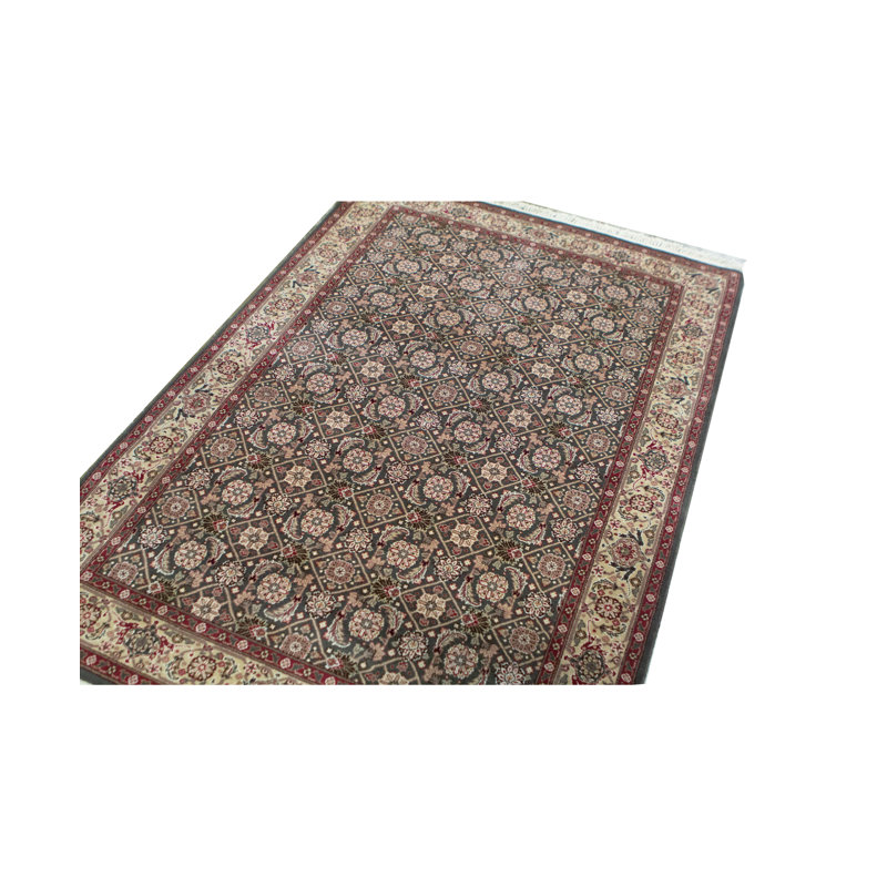 Tapis vert, beige et rouge noué à la main de haute qualité