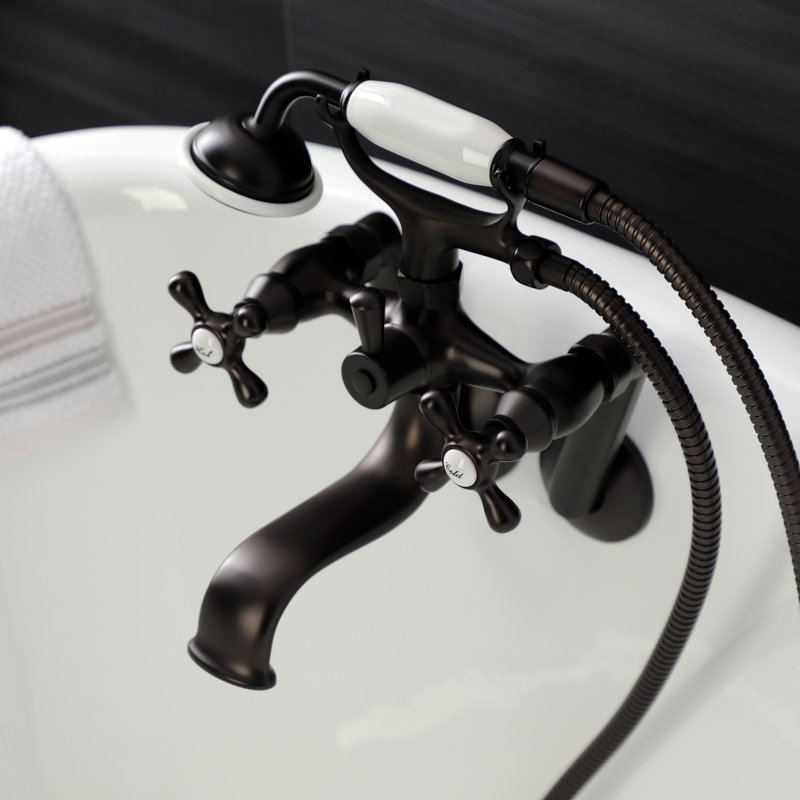 Kingston Brass Kingston Three-Handle 2-Hole Tub Wall Mount Clawfoot Tub Faucet with Handshower, Oil Rubbed Bronze