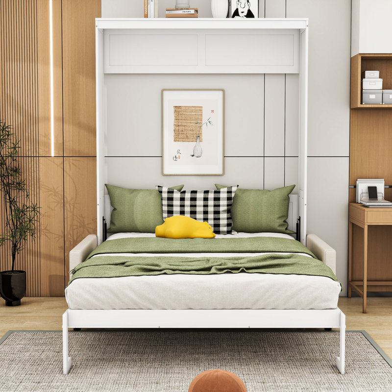 Lit escamotable mural en bois avec canapé, Blanc, Grand