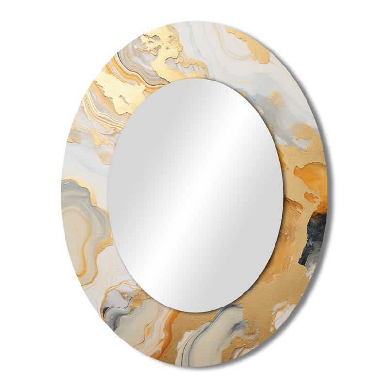 Gold And White Marble River - Gold Modern Oval Wall Mirror, 43" x 33"