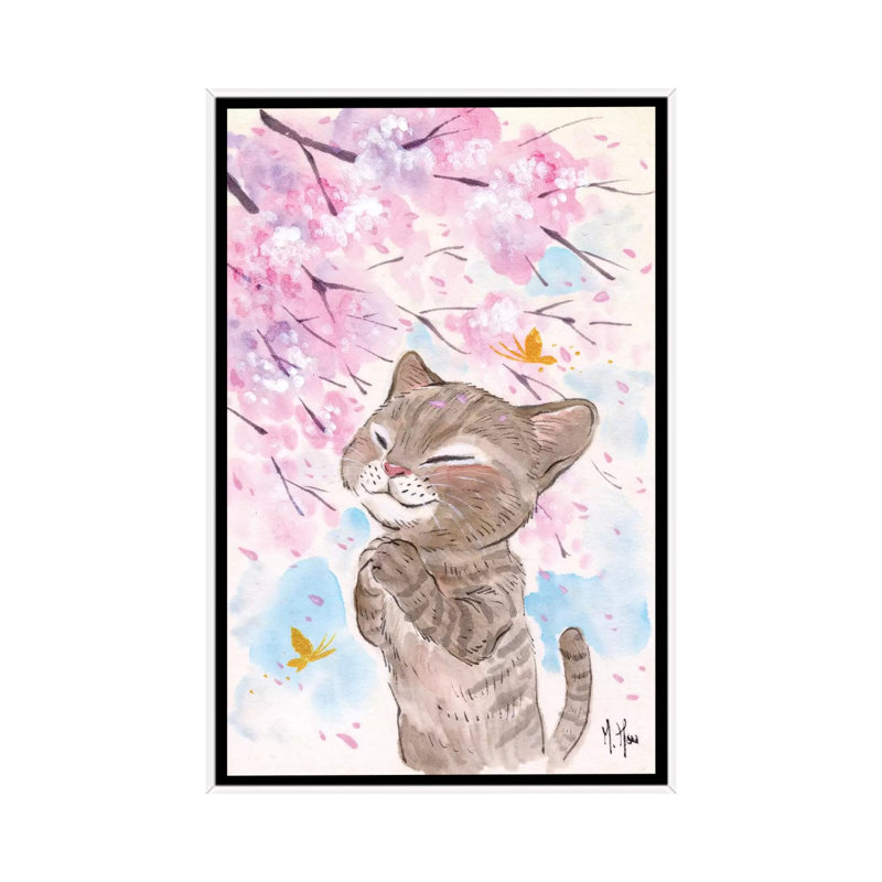 Cherry Blossom Wishes - Cat 1 Piece Painting on Canvas, 66.04 cm H x 45.72 cm W, White Framed