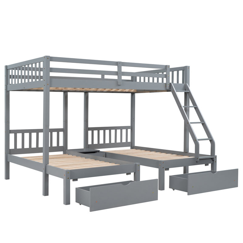 Full Over Twin Over Twin Triple Bunk Bed with Storage Bedside Shelf and Drawers, Gray