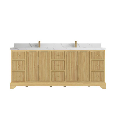 84 In. W X 22 In. D Austin Teak Double Sink Bathroom Vanity In Light Natural With 2 In Calacatta Laza Quartz -  Willow Collections, AST_TK_LNT_CA_LZ_84