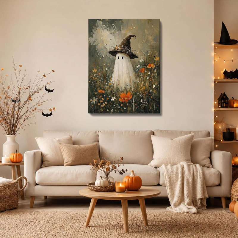 Halloween Canvas Wall Art, Cute Ghost with Wildflower Halloween Pictures 30x40cm