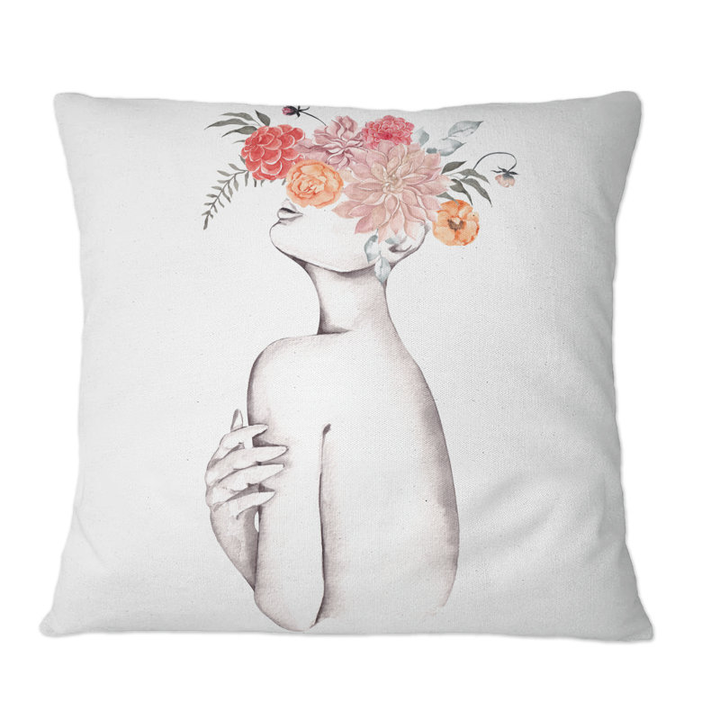 Silhouette de femme avec des fleurs rouges et mauves - coussin décoratif imprimé Glam XVIII, 16 po x 16 po