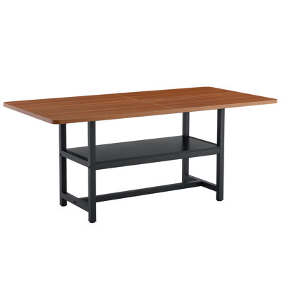 71 Inch Long Fashionable Walnut Grain Dining Table, Perfect for Family Gatherings and Friend Parties, with Black Sprayed Metal Legs.