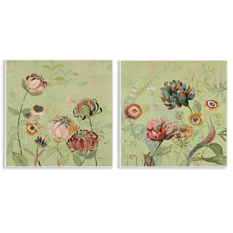 Ensemble de 2 plaques murales Chrysanthemums on Olive Green, design par Dusza