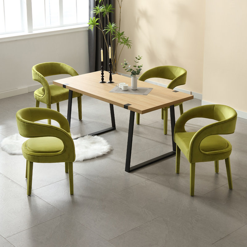 Green Velvet Upholstered Arm Dining Chairs with Wood Legs, Set of 4