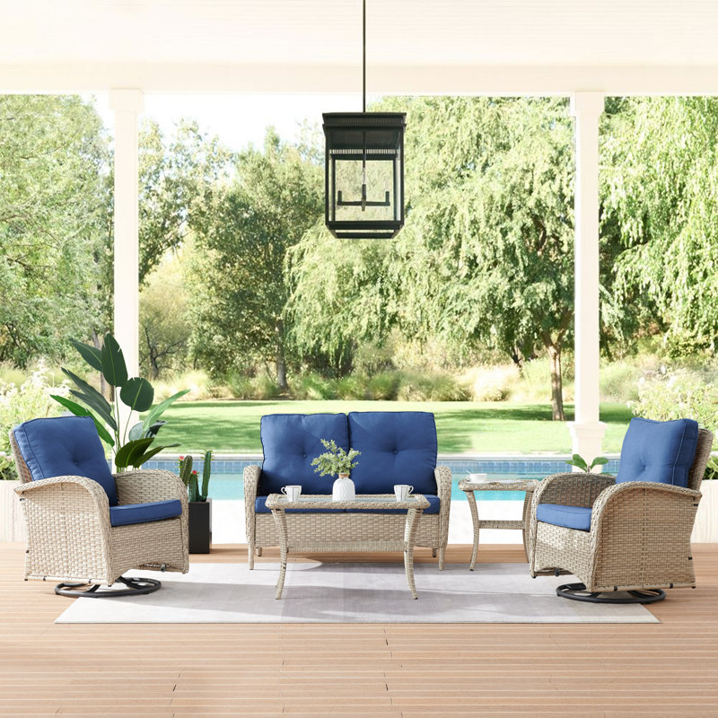 Gaetanino Wicker 4 - Person Patio Conversation Set with Cushions, Birch Frame/Blue Cushion