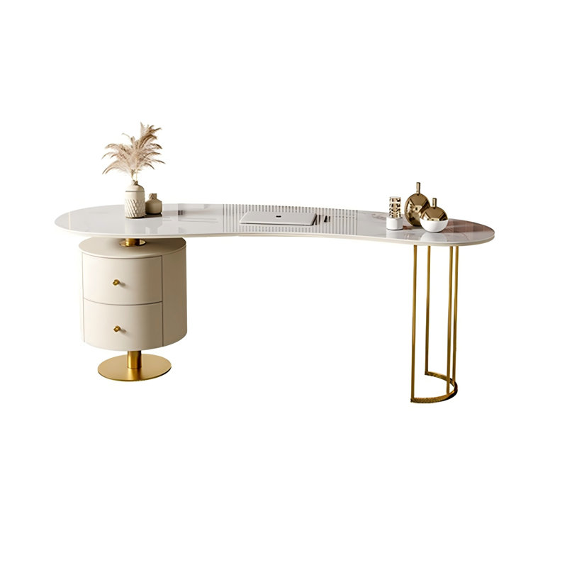 Bureau d'écriture 78,74 po en pierre frittée beige, 2 tiroirs, H 29,53 po x l 78,74 po x P 23,62 po