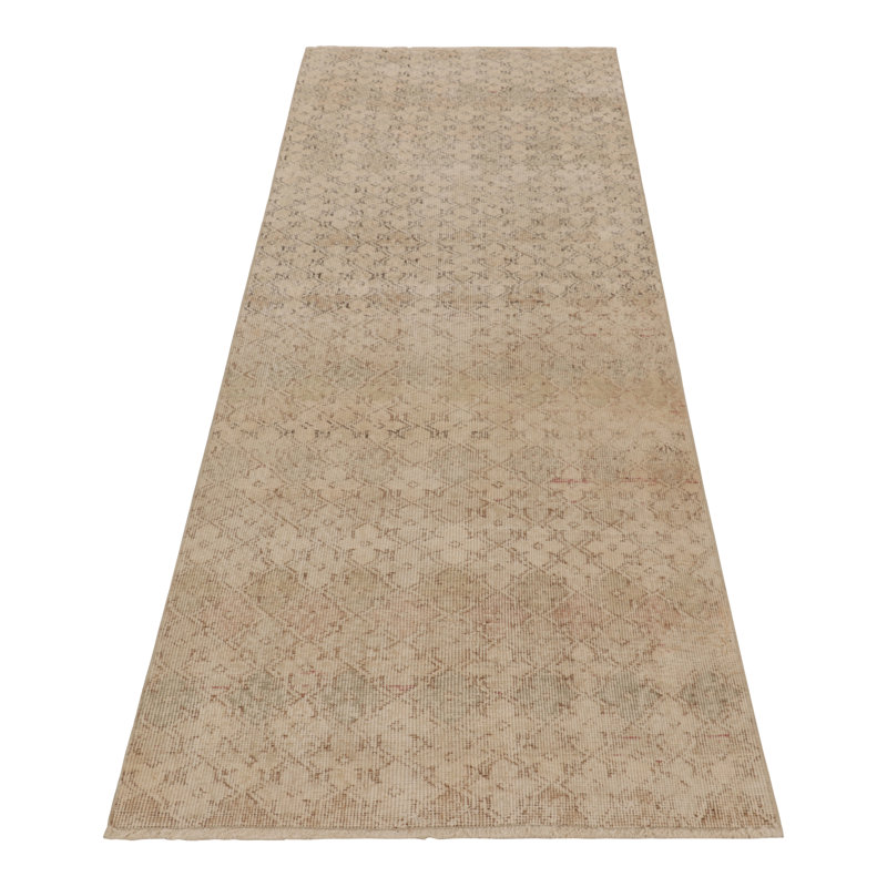 Vintage Distressed Runner Rug, Beige And Brown Geometric Pattern - Rug & Kilim