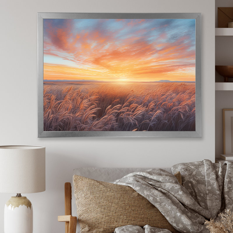 Prairies tranquilles au lever du soleil, H 16 po x l 32 po x P 1 po, Cadre simple argenté