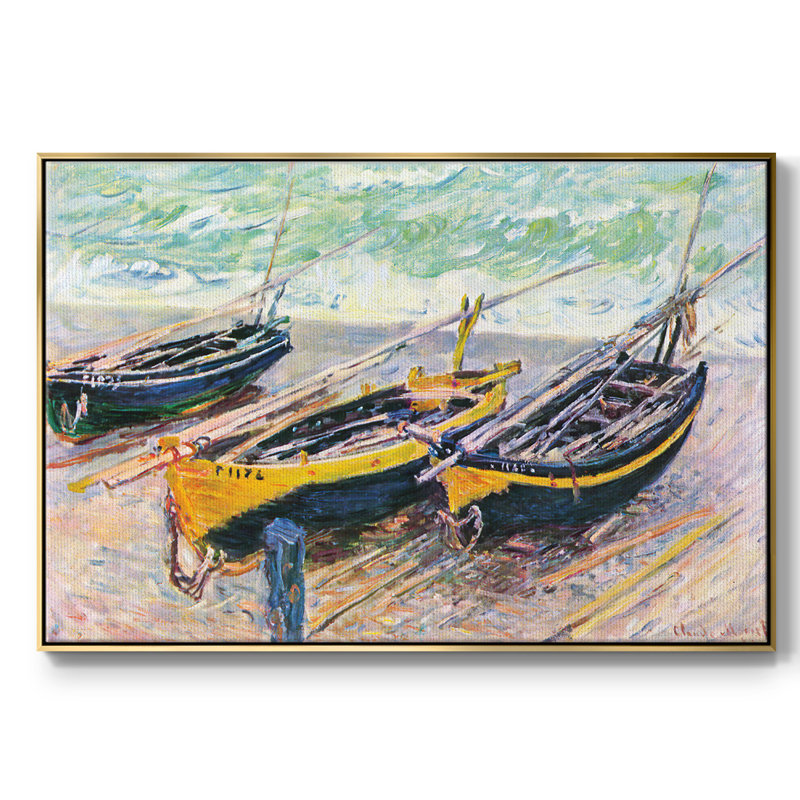 Quai d'Étretat (trois bateaux de pêche), reproduction sur toile par Claude Monet, H 25 po x l 37 po x P 2 po, Or