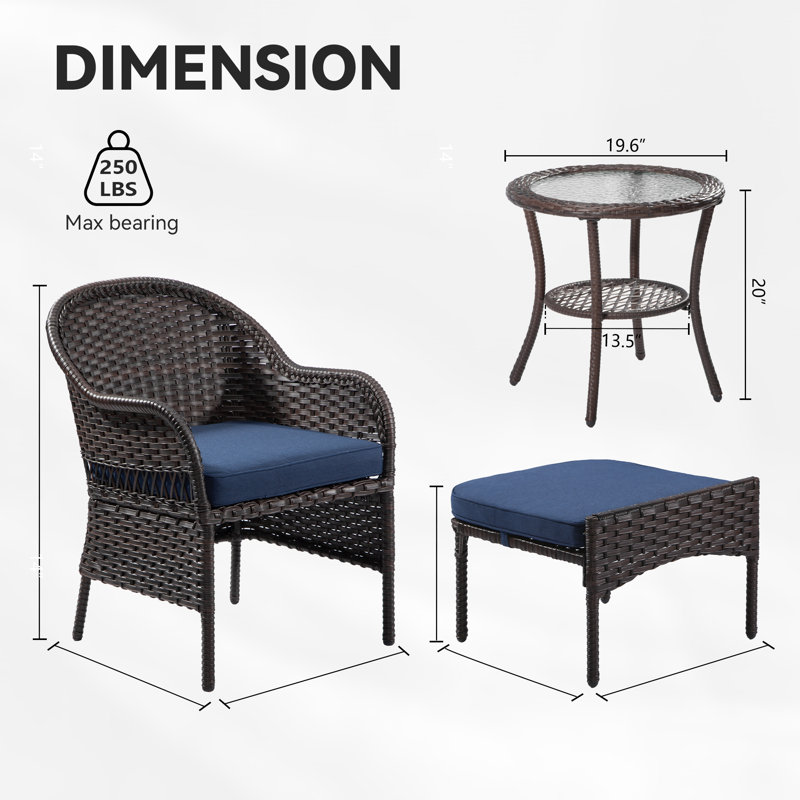 Ensemble de conversation pour patio en osier 2 personnes avec table d'appoint, repose-pieds et coussins bleus Elbart, Bleu