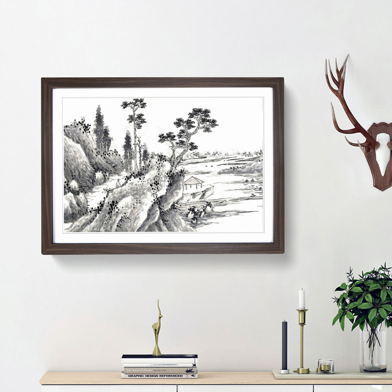 Landscape Vol.8 by Shen Zhou - Picture Frame Painting Print, 27cm H x 36cm W x 2cm D, Walnut Framed