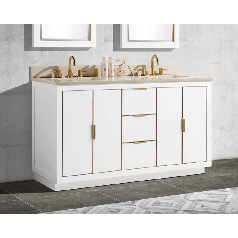 Meuble-lavabo double 61 po Salise, Quartz gris / or, Blanc
