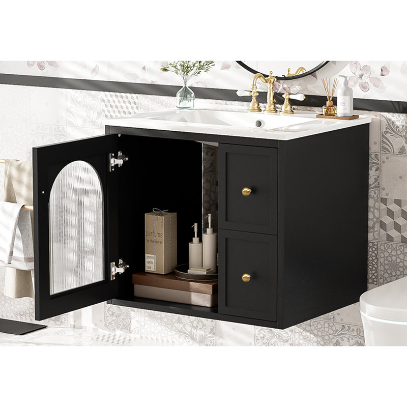 Meuble-lavabo mural 24 po avec lavabo, 2 tiroirs et porte à fermeture en douceur 24 po, Noir