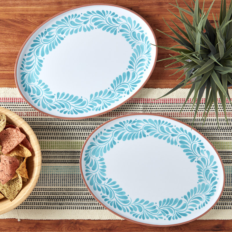 INFUSE 2-Piece Melamine Oval Platter Set, Lebrillo, White/Aqua