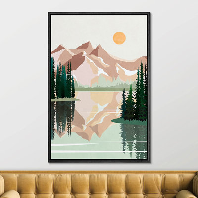 «Pastel Winter Mountain Forest Lake Reflection Nature», impression sur toile à cadre flottant