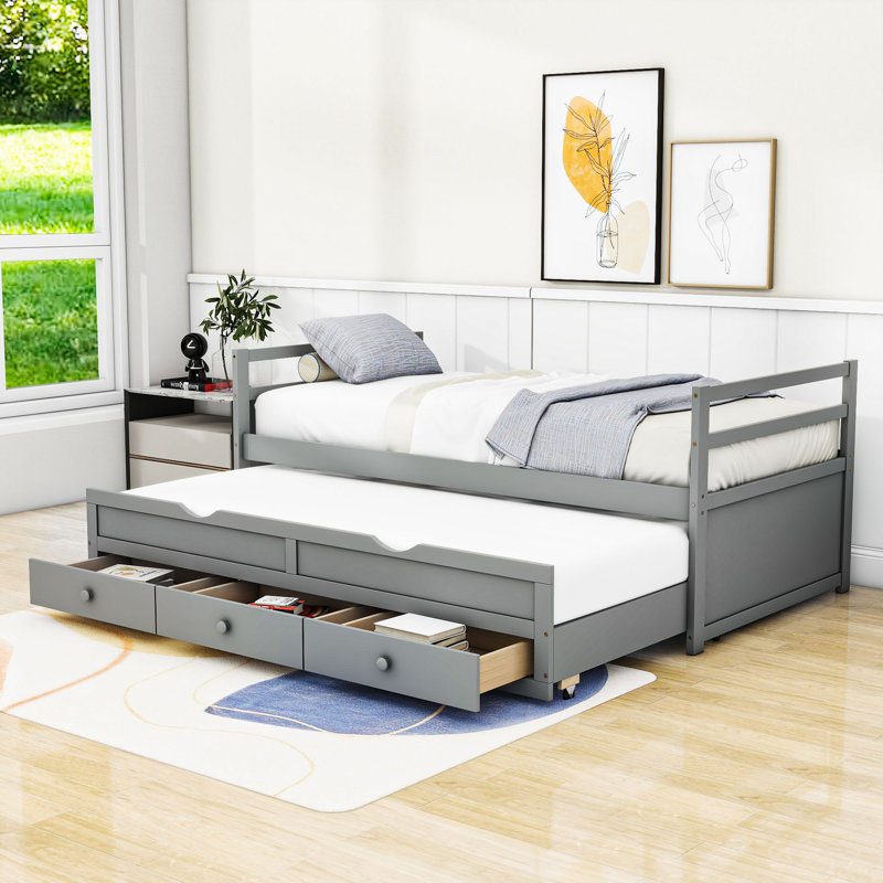 Twin Size Bed with Pull-Out Twin Trundle and Storage Drawers, Gray