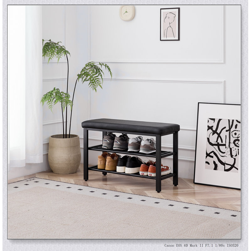 Banc de rangement à chaussures compact à 3 niveaux avec coussin de siège en polyuréthane, tablettes en filet pour l'organisation du vestibule et du couloir
