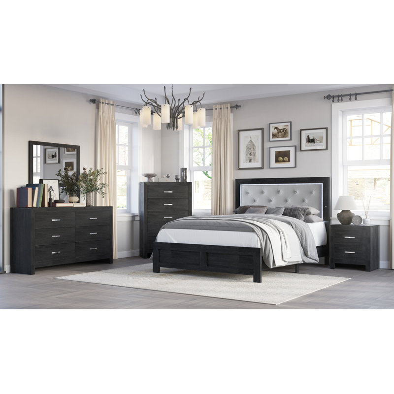 Lit plateforme tapissier Salmas, Grand, Noir