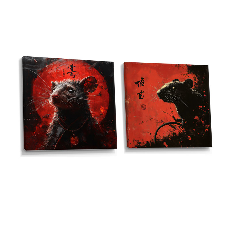 Zodiaque chinois Rats Ingenuity I - souris, art mural - ensemble de 2 décorations murales modernes, Wrapped Canvas