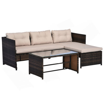 Ensemble de meubles de patio 3 pièces Outsunny, ensemble de canapé d'extérieur en rotin avec méridienne et causeuse, coussins moelleux, table en verre trempé, canapé modulaire en L, beige