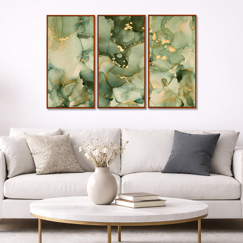 «Green Luxury Abstract Fluid Art I», ensemble d'art mural sur toile encadré moderne, H 28 po x l 36 po, Brun