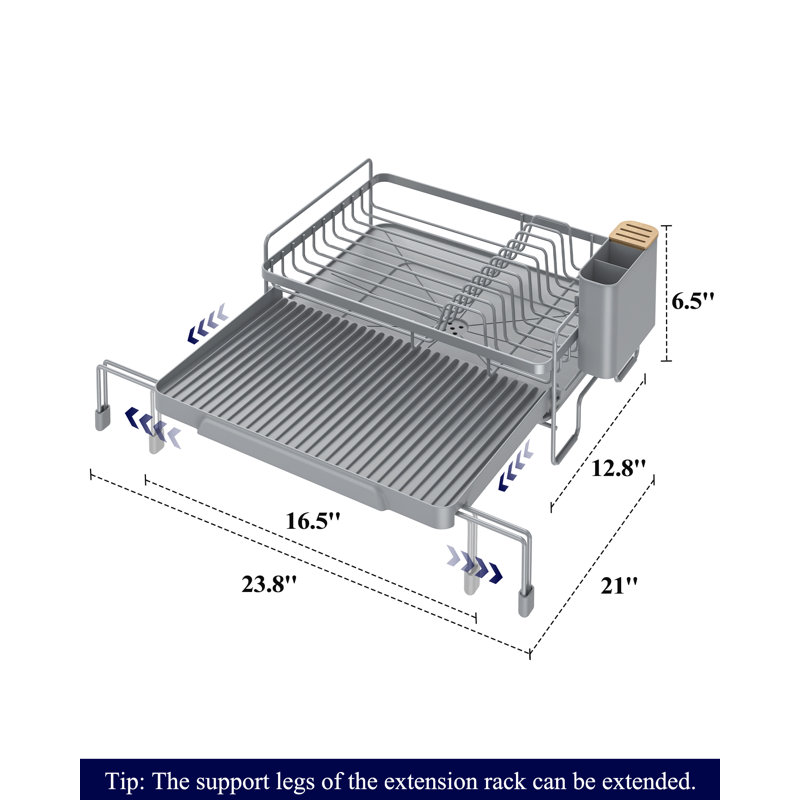 Extendable Dish Drying Rack - Adjustable Length 12.8"–21.0", Auto-Draining Dish Rack for Kitchen Counter, Rust-Resistant Metal Frame Over-Sink Support for Plates, Bowls & Utensils, Grey