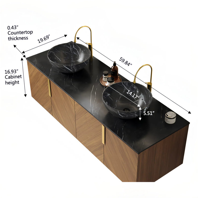 Ensemble de meuble-lavabo 60 po avec lavabo en espresso 60 po et 2 lavabos en céramique noirs