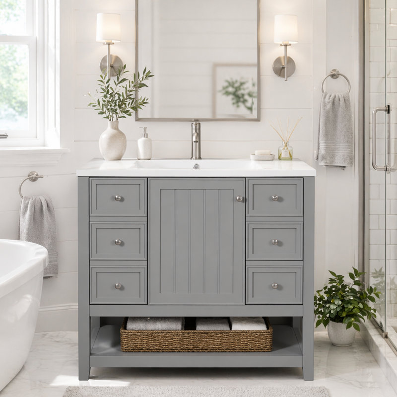 Meuble-lavabo 36 po avec lavabo et rangement polyvalent, Gris