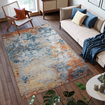 Rayna Kaori Multi Blue Orange Yellow Ivory Machine Washable Modern Abstract Industrial Indoor Area Rug, Flat Pile for Living Room & Bedroom - Multi, 6x9