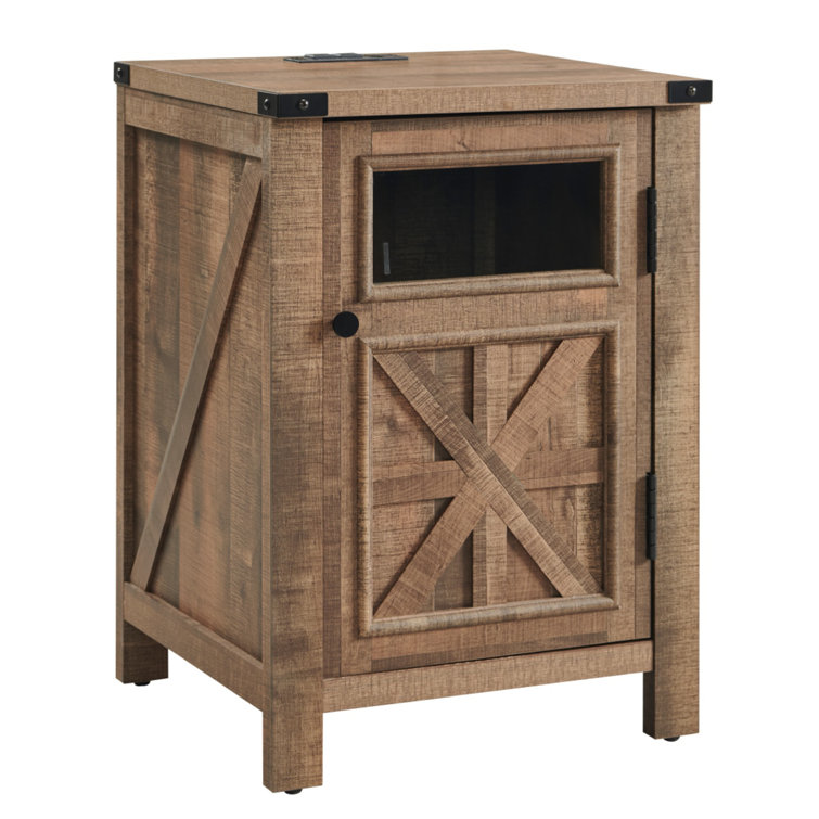 Ariellah 26'' Farmhouse End Side Table with Charging Station and Adjustable Storage Shelf