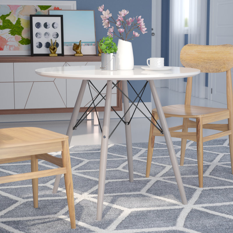 Akaash Round Solid Wood Base Dining Table, Natural, White