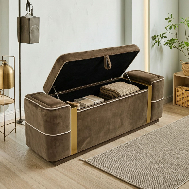 Banquette de rangement rembourrée avec couvercle relevable, Brown