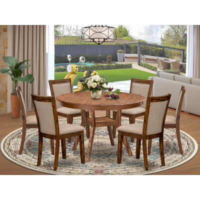 7-Pc Dining Set consists of a Pedestal Kitchen Table and 6 Light Tan Linen Fabric Upholstered Chairs with Padded Back- Antique Walnut