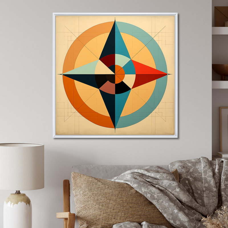 «Midcentury Compass», abstrait géométrique rétro sur toile, H 16 po x l 16 po x P 1 po, Cadre flottant blanc