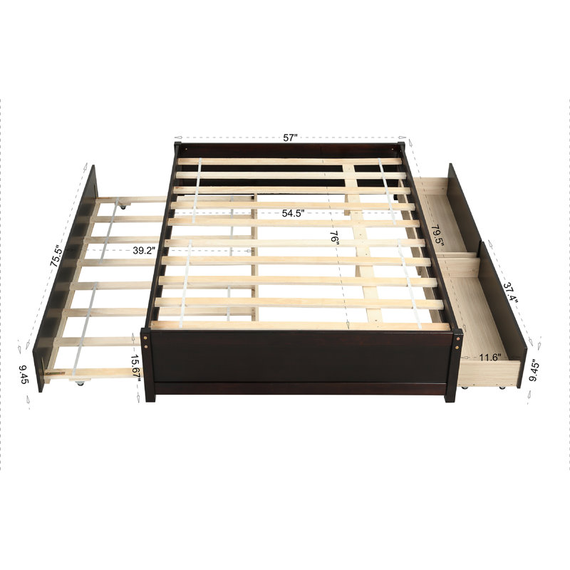 Raffaele Full Size Platform Bed with Twin Size Trundle and Two Drawers, Espresso