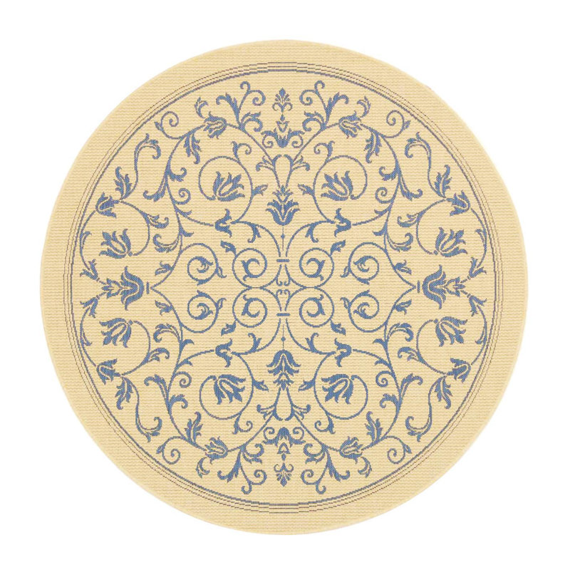 Arneshia Floral Tan/Blue Indoor/Outdoor Area Rug, Round 6'7"