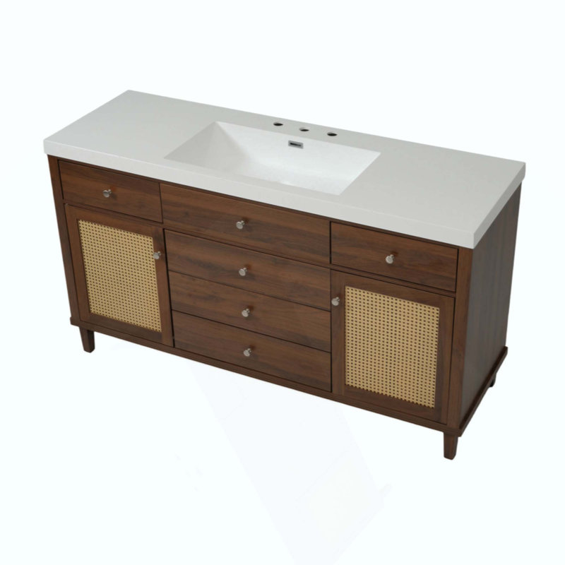 Meuble-lavabo de salle de bain avec lavabo SMC, grande armoire de rangement moderne avec tiroirs à fermeture en douceur et portes en rotin, boutons en métal argenté et 5 pieds en pin