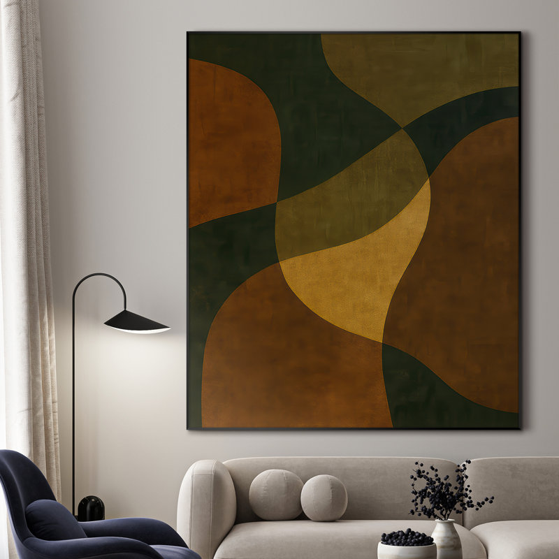 Très grand art mural imprimé sur tissu - Formes géométriques incurvées de ton terre en vert et brun, décoration pour le salon ou la chambre à coucher - «Assemblage requis du cadre (cadre non fini)»