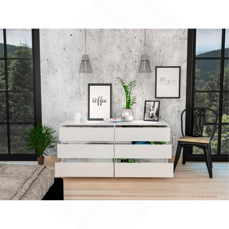 Commode double 6 tiroirs, plateau supérieur, blanc, Blanc