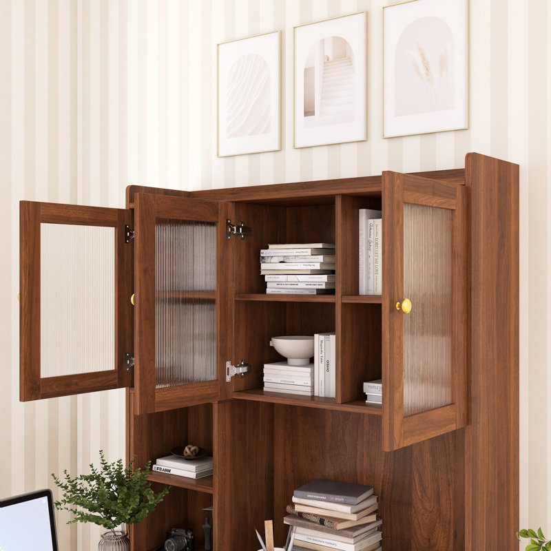 90° Rotating Home Office Desk With Glass Door & Hutch, Walnut
